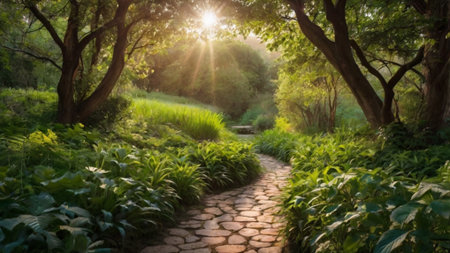 Path in the park at sunset. Beautiful summer landscape with green treesの写真素材