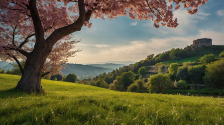 Cherry blossom in Tuscany, Italy. Spring landscapeの写真素材
