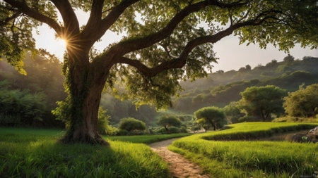 Sunset over a green field with a tree in the foreground.の写真素材