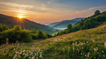 Beautiful summer landscape in the Carpathian mountains at sunset.の写真素材
