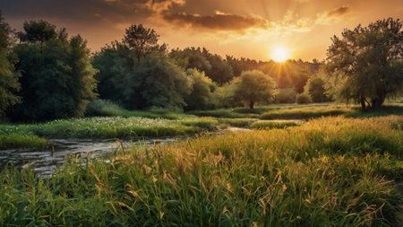Sunset over a small river with grass and flowers in the foregroundの写真素材