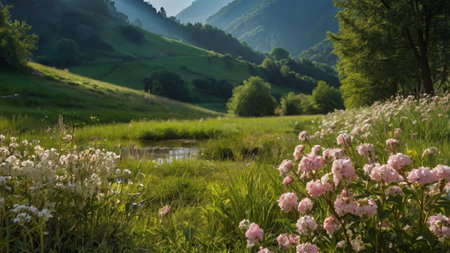 summer landscape in the mountains with a small river and pink flowers