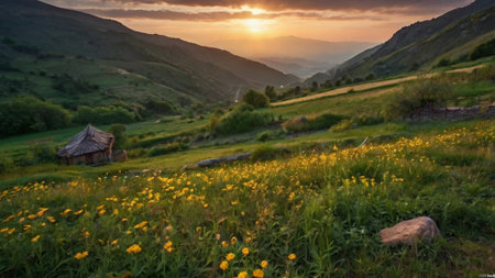 Sunset in the mountains with wildflowers in the foreground.