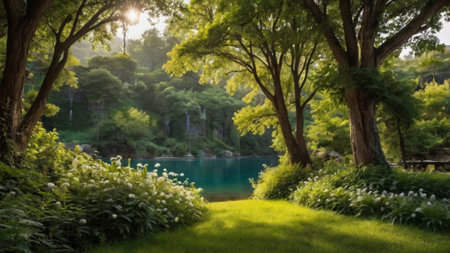 Beautiful japanese garden with lake and trees in the morningの写真素材