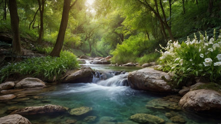 Mountain stream in the forest. Nature landscape background. Panorama