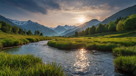 Panoramic view of a mountain river in the Altai mountains.の写真素材