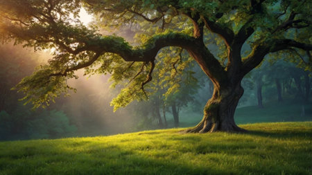 Old oak tree in the morning mist. Panoramic image.