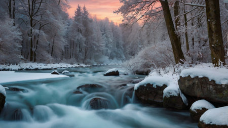 Winter landscape with snow covered trees and river in the forest at sunset