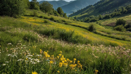Meadow with yellow wildflowers on a background of mountainsの写真素材