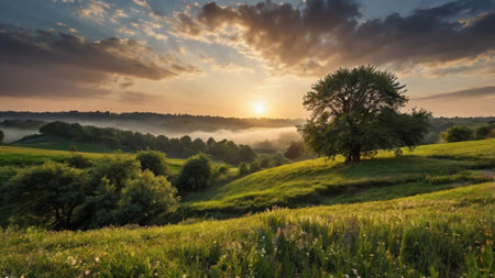 Sunrise over the meadow with trees and grass in the foregroundの写真素材