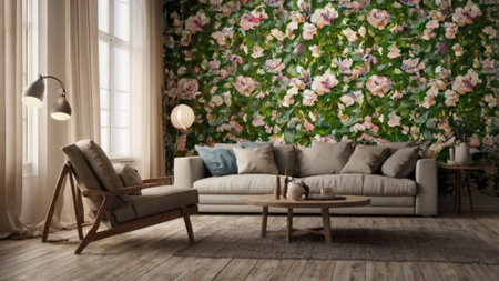 Modern living room interior design with floral wallpaper and sofa 3d renderの写真素材