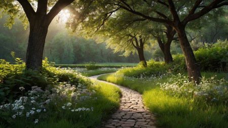Pathway through the park in the morning with sunlight and flowers.の写真素材