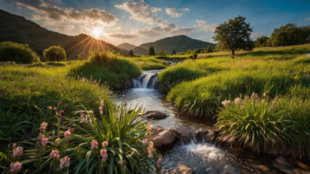 Panoramic view of a small mountain river at sunset. Beautiful natural landscape.の写真素材