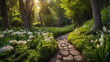 Pathway in the park with blooming flowers in the morning.の写真素材