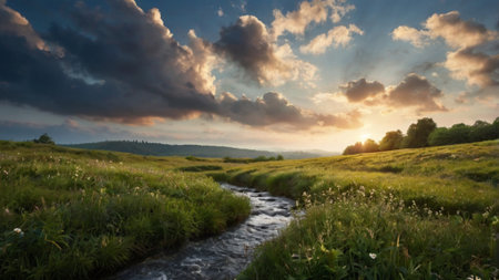 Beautiful summer landscape with a small river and clouds in the skyの写真素材