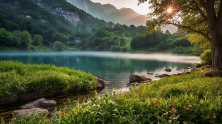 Beautiful lake in the mountains with clear water and green grass.の写真素材