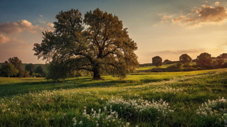 Old oak tree in a meadow at sunset. Beautiful summer landscape.の写真素材