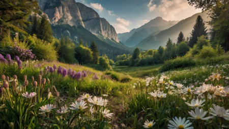 Panoramic view of alpine meadow with flowers in Dolomites, Italyの写真素材