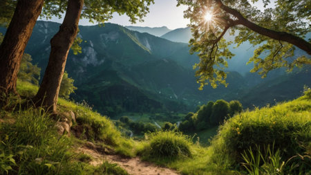 Mountain landscape with forest, river and sun in the morning.の写真素材