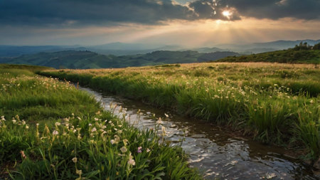 Beautiful sunset in the mountains with a small stream and green grassの写真素材