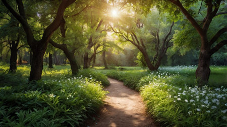 Pathway in the forest in the morning, beautiful nature background.