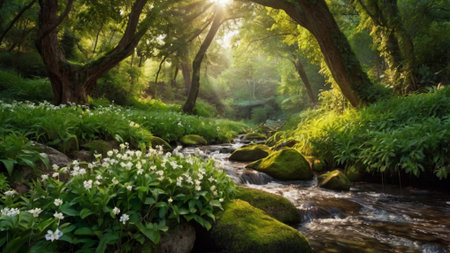 Stream in the forest. Beautiful landscape with a mountain river and green trees.の写真素材
