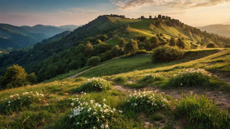 Panoramic view of the Carpathian mountains at sunset.の写真素材
