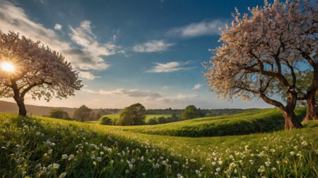 Beautiful spring landscape with blooming trees in the countryside, panoramaの写真素材
