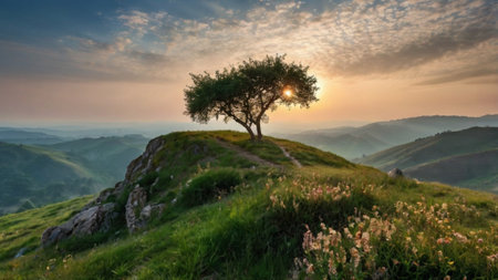 Tree on the top of a hill in the mountains