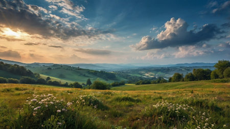 Beautiful summer landscape in the mountains at sunset. Carpathians, Ukraineの写真素材