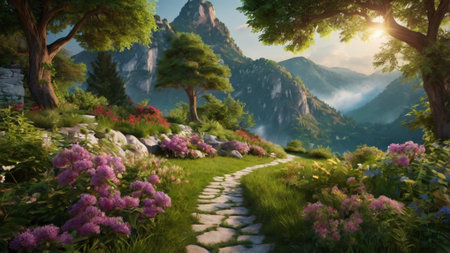 Beautiful summer landscape with a path in the mountains and flowers.の写真素材