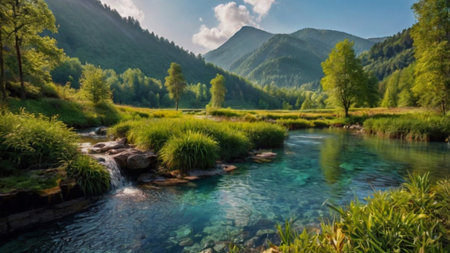 Mountain river in the Carpathian mountains. Beautiful summer landscape.の写真素材