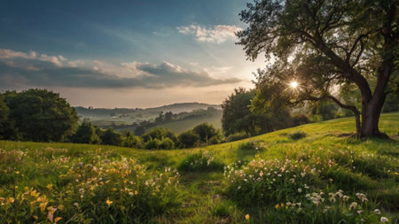 Panoramic view of meadow with dandelions at sunset.の写真素材