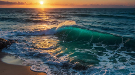 Beautiful sunset on the beach with a wave breaking on the shoreの写真素材