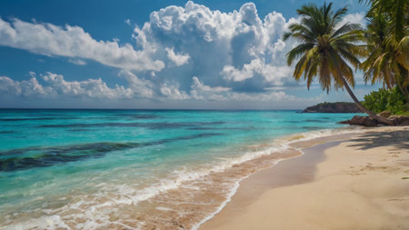 Tropical beach with palm trees and white sand at Seychellesの写真素材