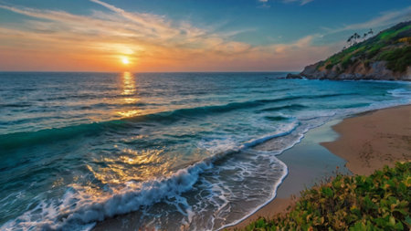 Beautiful sunset over the sea. Panoramic view of the beach.の写真素材