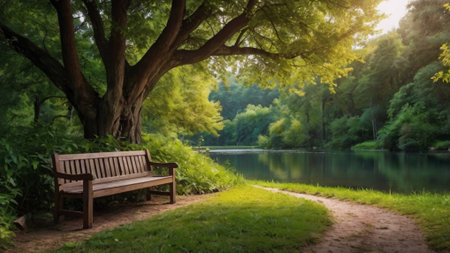 Wooden bench in the park at sunset with a lake in the backgroundの写真素材