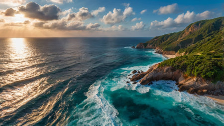 Aerial view of beautiful tropical beach with turquoise ocean and sunsetの写真素材
