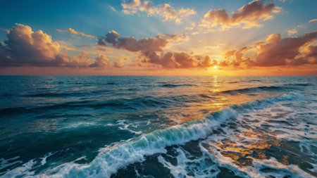 Beautiful sunset on the sea. Panoramic view of the sea.の写真素材