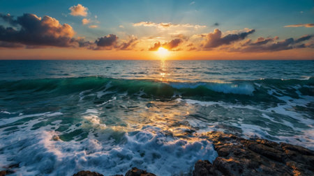 Beautiful sunset over the sea. Panoramic view of the seashore.の写真素材