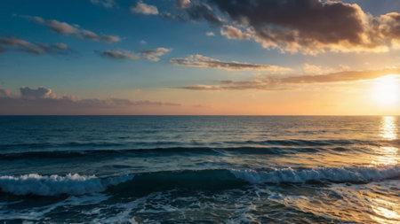Beautiful sunset over the sea. Panoramic view of the sea at sunset.の写真素材