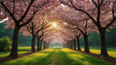 Cherry blossoms in full bloom in springtime, 3d rendering