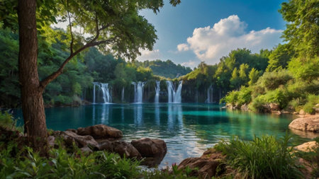 Panoramic view of waterfall in Plitvice Lakes National Park, Croatiaの写真素材