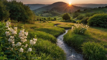 Sunset in the countryside with a small stream and flowersの写真素材