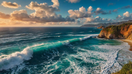 Panoramic view of the ocean waves and cliffs at sunset.の写真素材