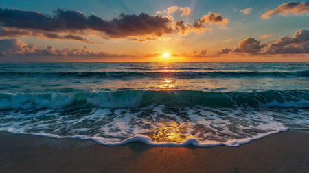 Sunset at the beach. Beautiful seascape. Panoramaの写真素材