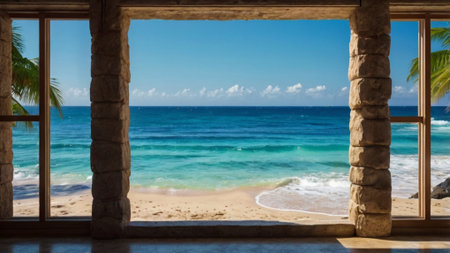view from the window on the tropical beach and sea, blue skyの写真素材