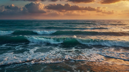 Aerial view of waves in the ocean at sunset. Nature composition.