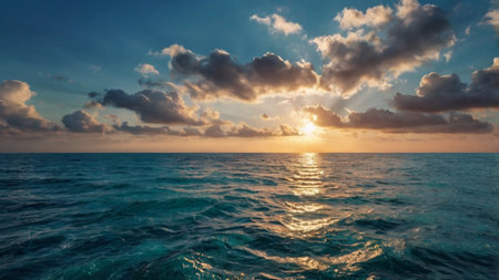 Beautiful sunset over the sea. Seascape with clouds and sunの写真素材