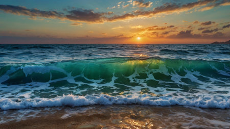 Beautiful sunset on the beach. Sunset on the beach. Sea waves.の写真素材